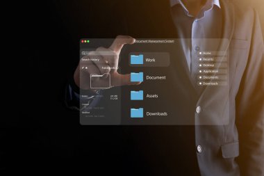 Belge yönetimi konsepti. Sanal ekran simgeleri Belge Yönetim Sistemi DMS Çevrimiçi belge veritabanı, şirket dosyaları ve verilerinin verimli arşivlenmesi, aranması ve yönetimi için yazılım