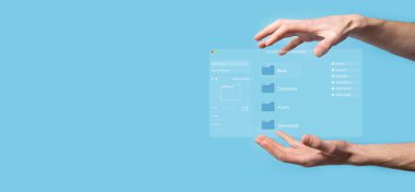 Belge yönetimi konsepti. Sanal ekran simgeleri Belge Yönetim Sistemi DMS Çevrimiçi belge veritabanı, şirket dosyaları ve verilerinin verimli arşivlenmesi, aranması ve yönetimi için yazılım