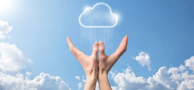 Bulut hesaplama konsepti, transfer verileri için bulut. Bulut hesaplama, büyük veri merkezi, gelecekteki altyapı, dijital ai konsepti. Sanal sunucu sembolü, simge. İndirme. Sanal sunucu sembolü.