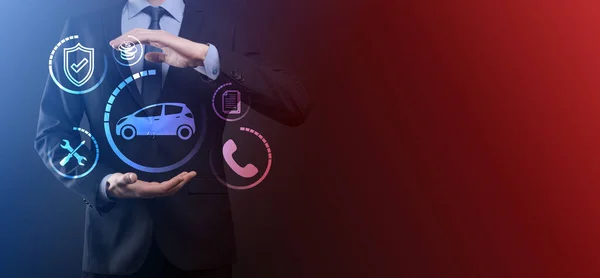 Digital composite of Man holding car icon.Car automobile insurance and car services concept. Businessman with offering gesture and icon of car.