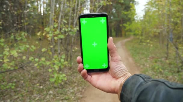 男は緑の森の中でクロマキー画面と携帯電話を保持しています — ストック動画