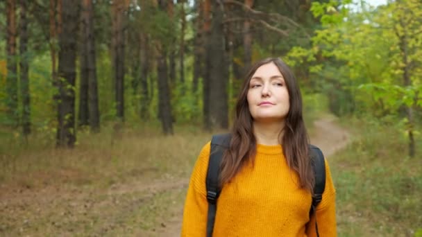 Senderista feliz camina a lo largo del camino a través del bosque verde — Vídeos de Stock