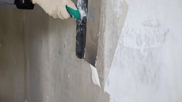 बिल्डर ट्रॉवेल वापरून भिंतीवर प्लास्टरचा पातळ थर पसरतो — स्टॉक व्हिडिओ