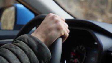 İnsan, ormandan geçen yolda güvenli bir şekilde yabancı araba sürer.