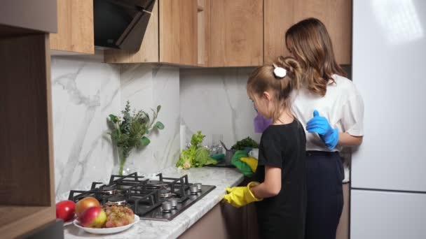 Mãe e filha adolescente limpo cozinha bancada em casa — Vídeo de Stock