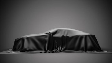 Gri arka planda siyah elbisenin altında sunum arabası. 3d oluşturma