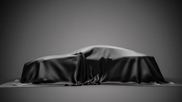 Gri arka planda siyah elbisenin altında sunum arabası. 3d oluşturma