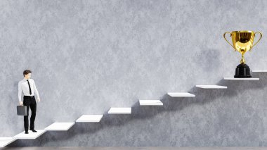 3D çizim işadamı kupa kupasına merdivenlerden çıkıyor. başarı kavramı.