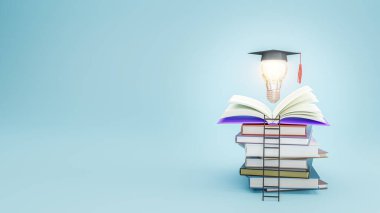 Mezuniyet şapkası ampulde açık kitap. Eğitim, okul ve üniversite hakkında öğrenme ya da fikir kavramı. 3d illüstrasyon