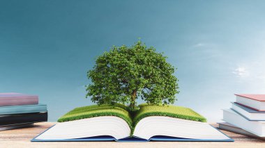 3 boyutlu illüstrasyon. Yeşil çim tarlası ve mavi gökyüzü arka planında ağaç olan açık bir kitap