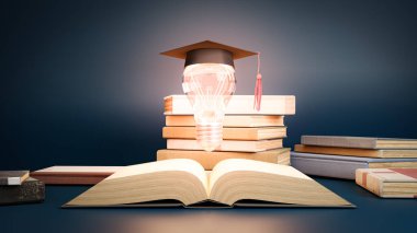 Mezuniyet şapkası ampulde açık kitap. Eğitim, okul ve üniversite hakkında öğrenme ya da fikir kavramı. 3d illüstrasyon