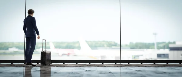 Ilustracja Render Biznesmen Międzynarodowym Lotnisku Czeka Wsiadanie Samolotu — Zdjęcie stockowe