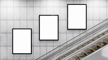 Üç boyutlu çizim. Metrodaki boş reklam panosu. Reklamınız için kullanışlı.