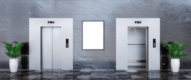 Üç boyutlu illüstrasyon. Reklam panosu ve iki asansör. Reklam için kullanışlı. Panoramik 3B görüntüleme