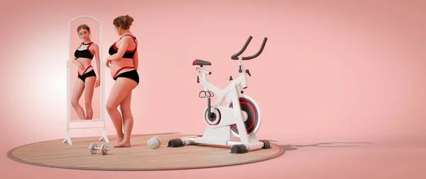 Genç şişman kız aynada kendine bakar ve kendini zayıf görür. 3d illüstrasyon oluşturucu