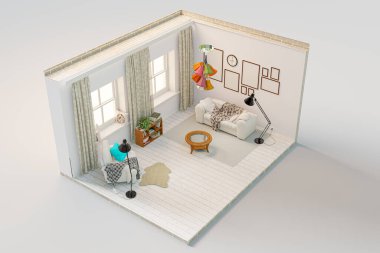 3 boyutlu illüstrasyon. Isometric oturma odası iç mimari içinde açık, 3D görüntüleme.
