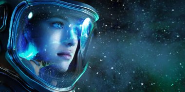 3 boyutlu illüstrasyon. Uzaydaki kadın astronot. 3B Hazırlama