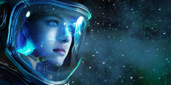 3 boyutlu illüstrasyon. Uzaydaki kadın astronot. 3B Hazırlama