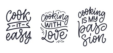 Modern kaligrafi tarzında yemek pişirmekle ilgili el yazması alıntılarla ayarlanmış. Baskı ve poster tasarımı için ilham verici sloganlar. Vektör