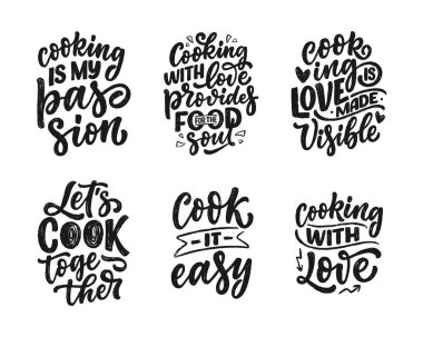 Modern kaligrafi tarzında yemek pişirmekle ilgili el yazması alıntılarla ayarlanmış. Baskı ve poster tasarımı için ilham verici sloganlar. Vektör