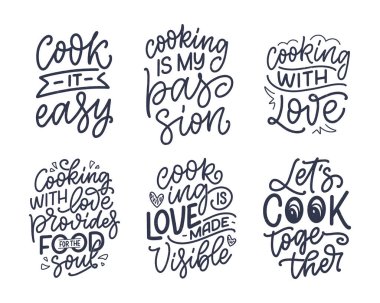 Modern kaligrafi tarzında yemek pişirmekle ilgili el yazması alıntılarla ayarlanmış. Baskı ve poster tasarımı için ilham verici sloganlar. Vektör