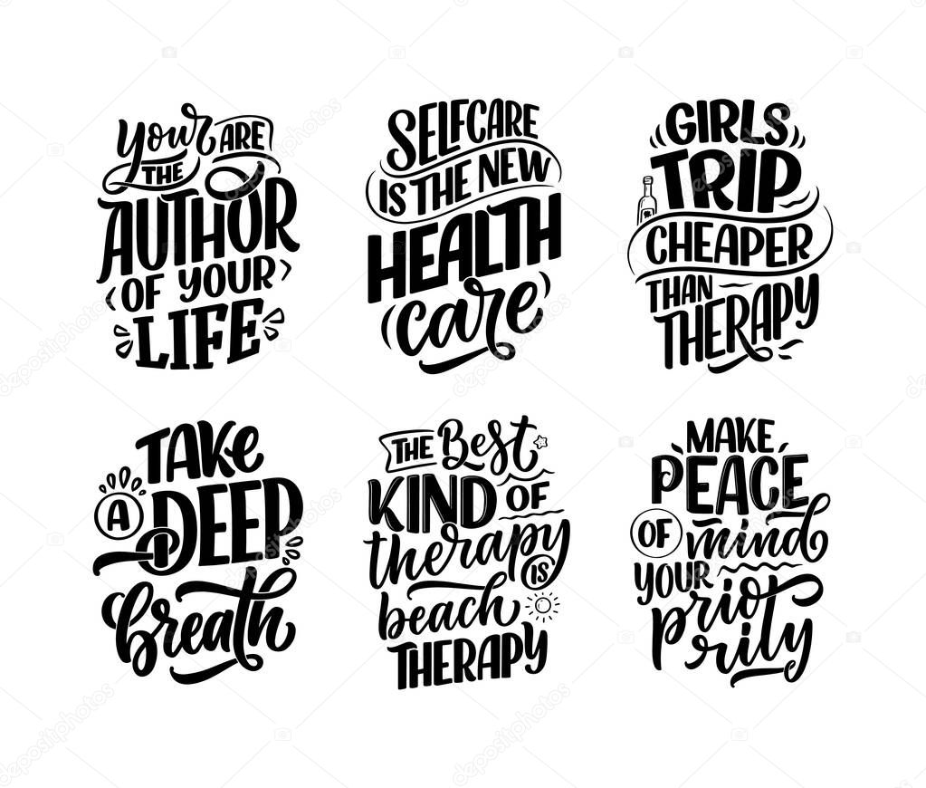 Set with lettering slogans about therapy. Funny quotes for blog, poster and print design. Modern calligraphy text. Mental healthcare. Vector illustration