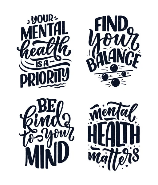 Set with lettering slogans about therapy. Funny quotes for blog, poster and print design. Modern calligraphy text. Mental healthcare —  Vetores de Stock