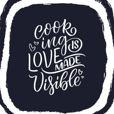 Mutfak ve yemek pişirme hakkında el yazısıyla yazılmış bir alıntı. Tebrik kartları, dekorasyon, baskılar ve posterler için el çizimi eşsiz bir tipografi tasarımı ögesi.