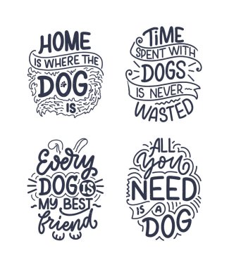 Komik ifadeli vektör illüstrasyonu. Köpekler hakkında elle çizilmiş ilham verici alıntılar. Poster, tişört, kart, davetiye, etiket.