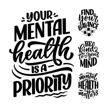 Terapi ile ilgili sloganlarla dolu. Blog, poster ve baskı tasarımı için komik alıntılar. Modern yazı metni. Ruh sağlığı hizmetleri