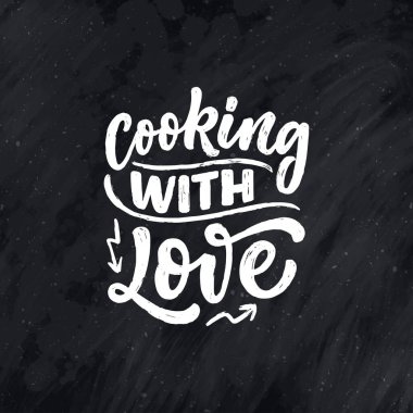 Mutfak ve yemek pişirme hakkında el yazısıyla yazılmış bir alıntı. Tebrik kartları, dekorasyon, baskılar ve posterler için el çizimi eşsiz bir tipografi tasarımı ögesi.