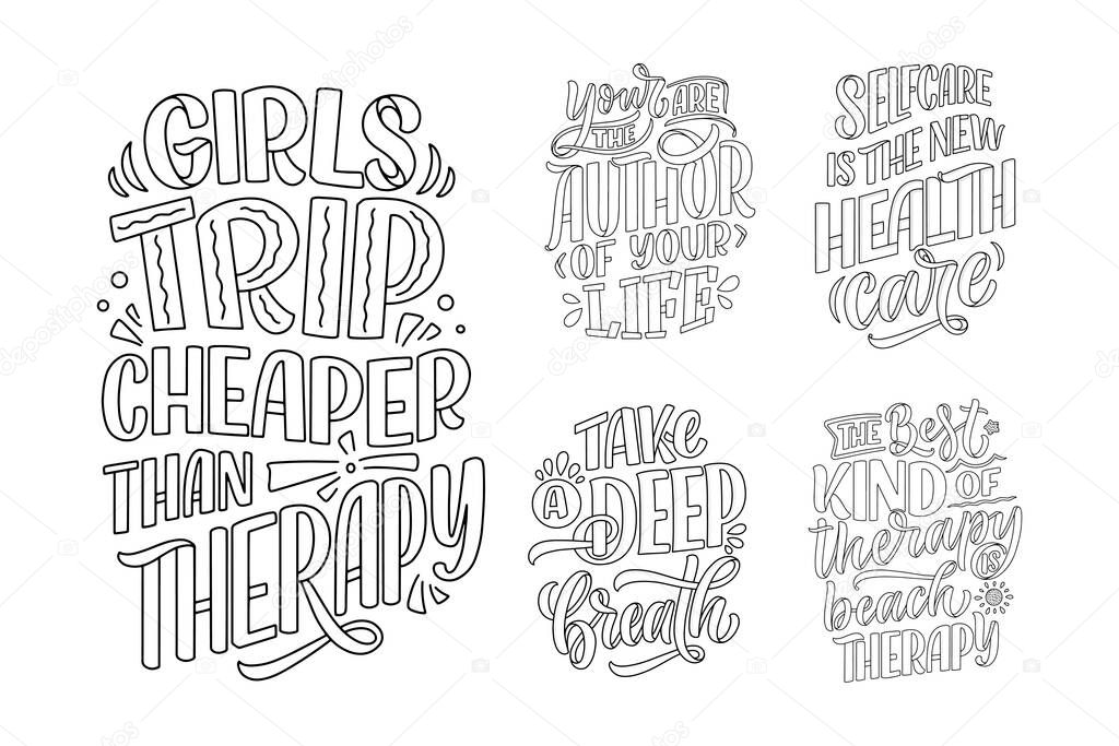 Set with lettering slogans about therapy. Funny quotes for blog, poster and print design. Modern calligraphy text. Mental healthcare. Vector illustration