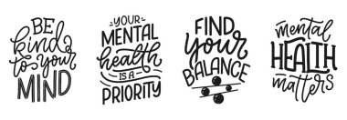 Terapi ile ilgili sloganlarla dolu. Blog, poster ve baskı tasarımı için komik alıntılar. Modern yazı metni. Akıl sağlığı servisi. Vektör illüstrasyonu