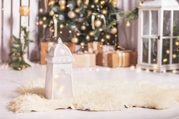 Fundo Natal Vintage Lanterna Natal Com Decoração Natal Contra Luzes — Fotografia de Stock