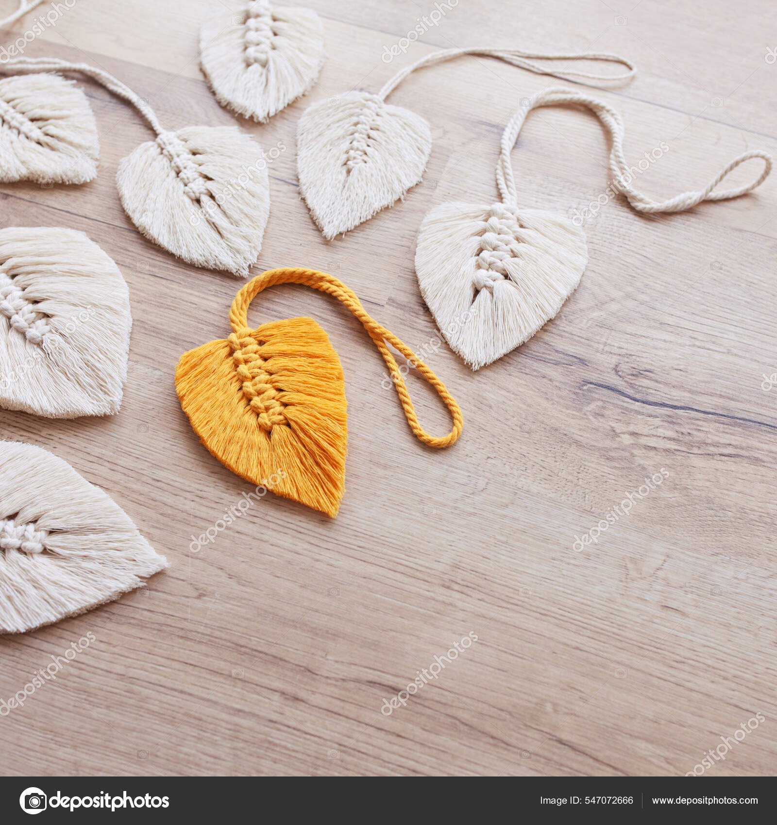 Macrame Leaves Yellow Natural Color Wooden Background Cotton Rope
