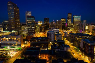 aerial shot of modern city on sunset