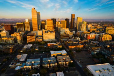 aerial shot modern city with skyscrapers in evening