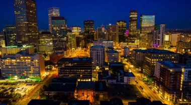 aerial shot of modern city on sunset