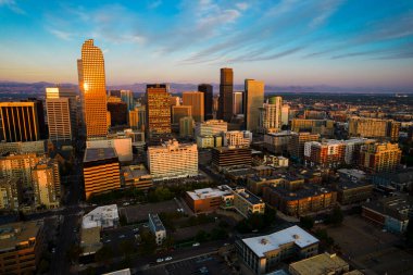 aerial shot modern city with skyscrapers in evening