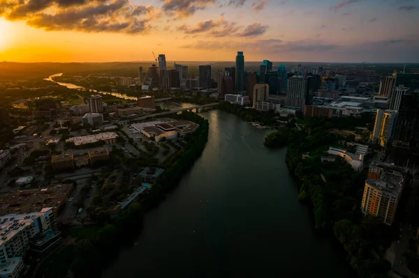 Aerial Shot Modern City Skyscrapers Evening — Stockfoto