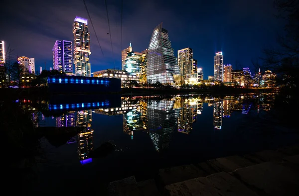 Aerial Shot Modern City Skyscrapers Evening — Fotografia de Stock