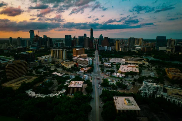 Aerial Shot Modern City Skyscrapers Evening —  Fotos de Stock