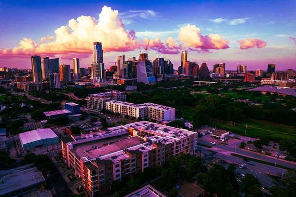 Aerial Shot Modern City Sunset — Fotografia de Stock
