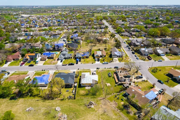 aerial shot of small town with detached houses