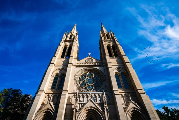 Bottom View Shot Ancient Gothic Cathedral Sunny Day — 스톡 사진