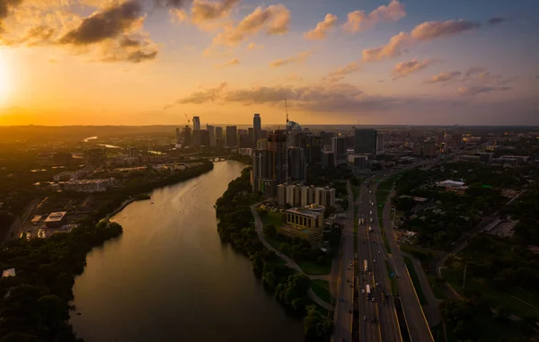 Aerial Shot Modern City Skyscrapers Evening — ストック写真