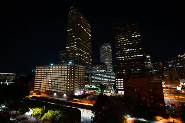 Aerial Shot Modern City Skyscrapers Evening — Stockfoto