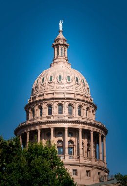 Denver, Colorado Eyalet Kongre Binası etrafındaki ağaçlar mavi gökyüzüne karşı yeşil parlıyor ve muhteşem mil yüksekliğindeki şehirde sabah güneşi parlıyor.