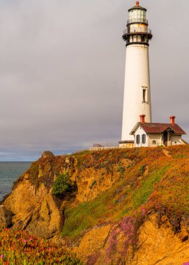 Batı yakası, Kuzey Kaliforniya Güvercin Noktası Deniz feneri ve Pasifik kıyısı karayolu, tarihi deniz feneri işaretli sahil şeridi.