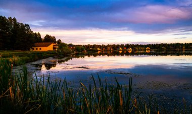 Göl kıyıları boyunca Parlak Renkli Sonbahar Yaprağı 